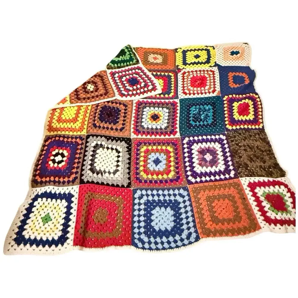 Handmade Afghan Granny Square Multicolored Rainbow 84” x 82” Croched Blanket